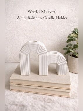 World Market White Ceramic Rainbow Arc Taper Candle Holder Boho Modern Decor